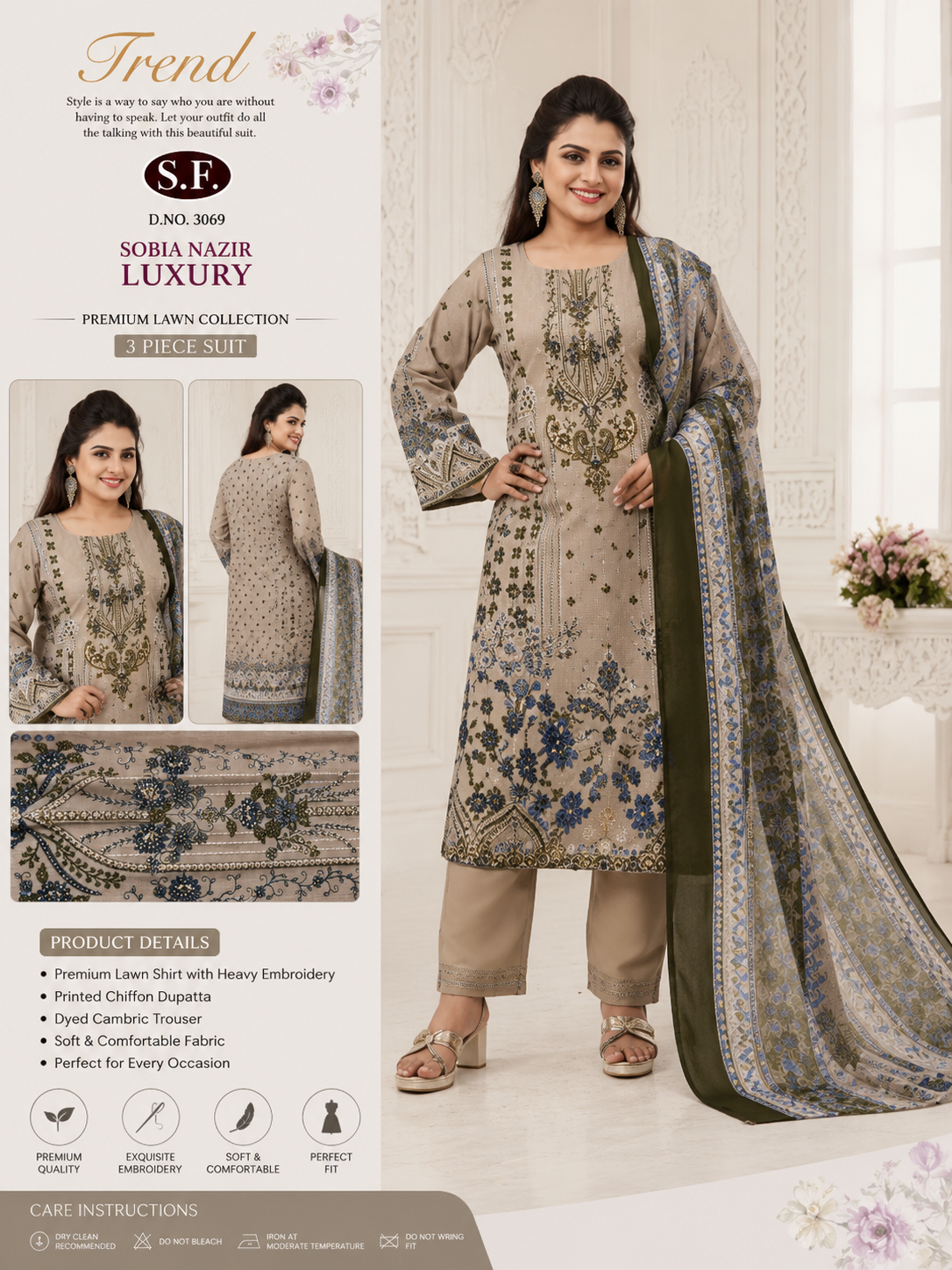 3 Piece Suit Set for Women | Elegant Ethnic Wear Kurta Pant Dupatta Set image 3